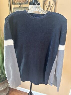Structure Men’s Navy Cotton Sweater with Light Gray Sleeves and White Stripes